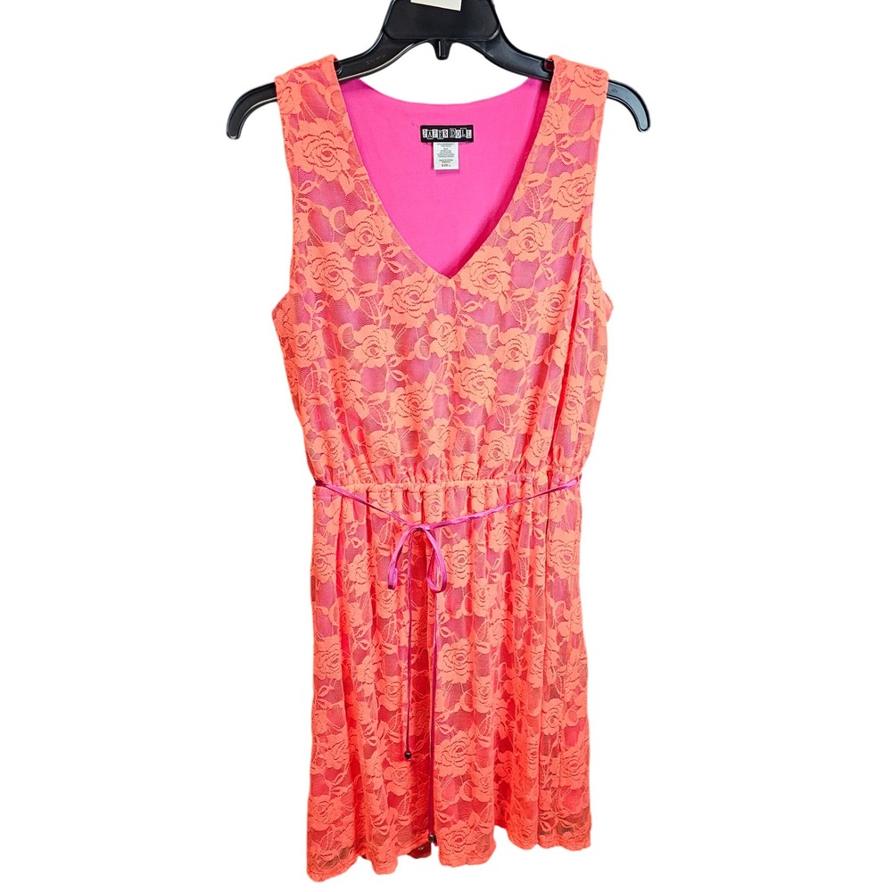 Paper Doll Womens Floral Lace Dress Neon orange Fuchsia Pink Sleeveless Large